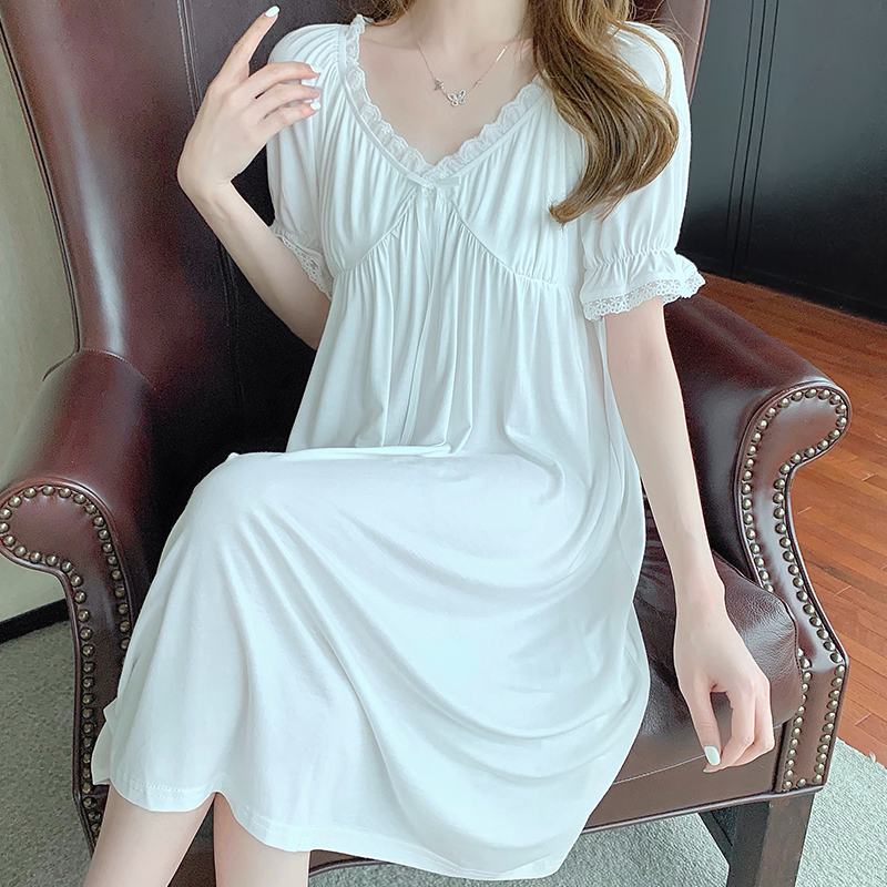 Nightdress female summer modal short-sleeved pajamas pure cotton sexy lace white sweet net red home clothes thin section