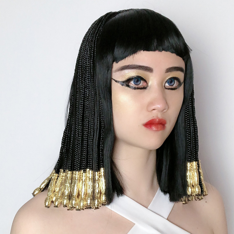 Wig for Women, Cleopatra Anime Cos, Full Head Black Braided Beads, Annual Party, Bar Performance, Halloween Wig