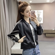 Da nữ mùa thu 2018 Thời trang Hàn Quốc hoang dã sọc dài tay lỏng lẻo PU da bóng chày đồng phục ngắn học sinh