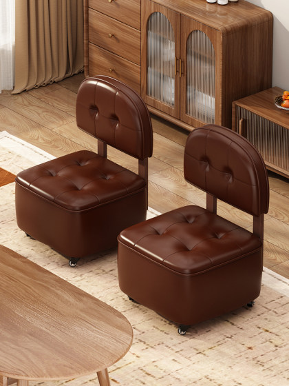 Swivel Stool with Wheels for Home Use, Comfortable Backrest, Small Chair with Casters, Solid Wood Low Stool, Soft Cushion Shoe-Changing Stool, Small Stool for Living Room