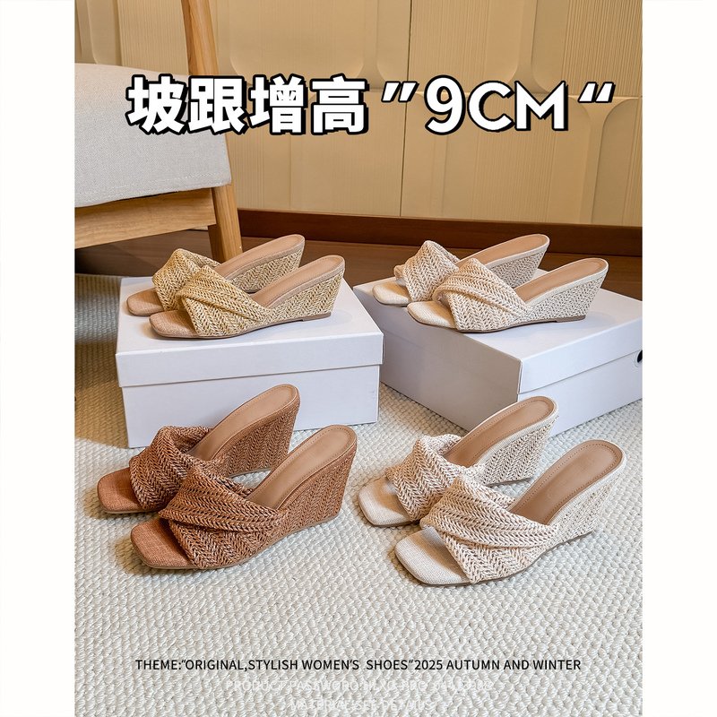 9cm Height Increase ~ Genuine Leather Square Toe Wedge Heel Rattan Woven Slippers for Women 2026 New Thick-Soled Vacation Style Sandals for Women 9cm Height Increase ~ Genuine Leather Square Toe Wedge Heel Rattan Woven Slippers for Women 2026 New Thick-Soled Vacation Style Sandals for Women
