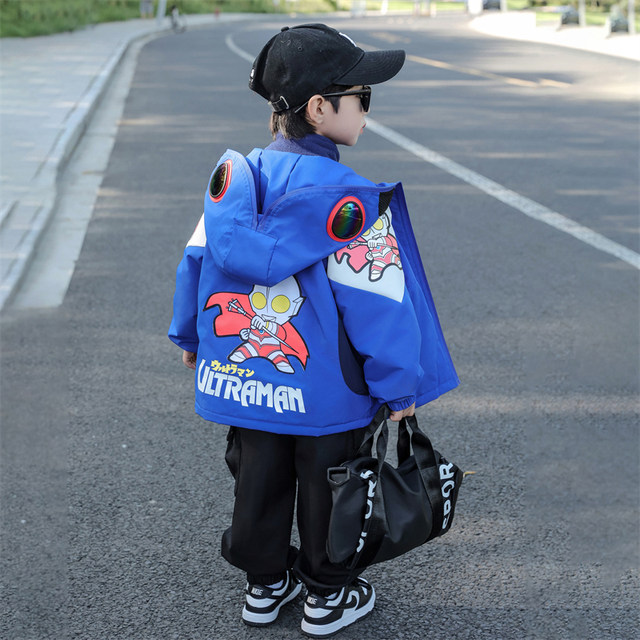 Ultraman Early Spring Jacket for Boys, Spring and Autumn Clothing, Three-In-One Children's Thin Cotton Jacket with Hat and Glasses