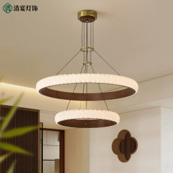 2026 New Model Mid-Century Style Restaurant Chandelier in Walnut Color, New Chinese Style Modern Minimalist Designer Round Living Room Lamp