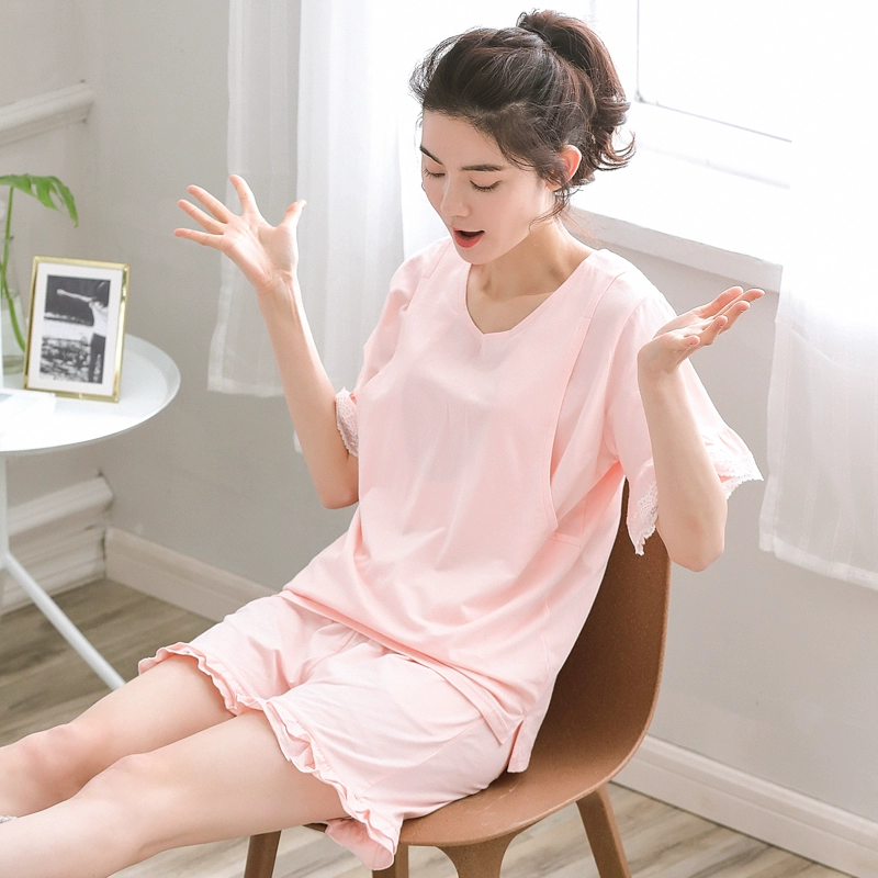 Bộ đồ ngủ ngắn tay cho bà bầu, bộ quần áo bầu mỏng mùa hè, bộ đồ ngủ pijama, bộ đồ phục vụ tại nhà, bộ đồ cho con bú sau khi sinh - Giải trí mặc / Mum mặc