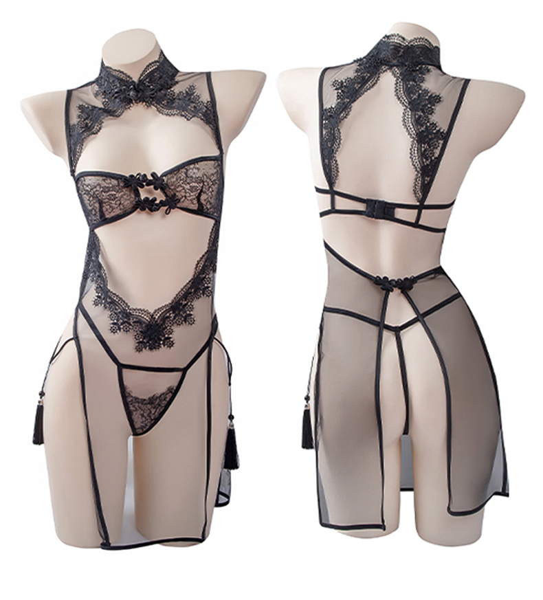 Retro China Wind Sensation Transparent Sleeping Skirt Woman Autumn/Winter Private Room Writing True Sexy Seductive Spice Short Skirt Suit