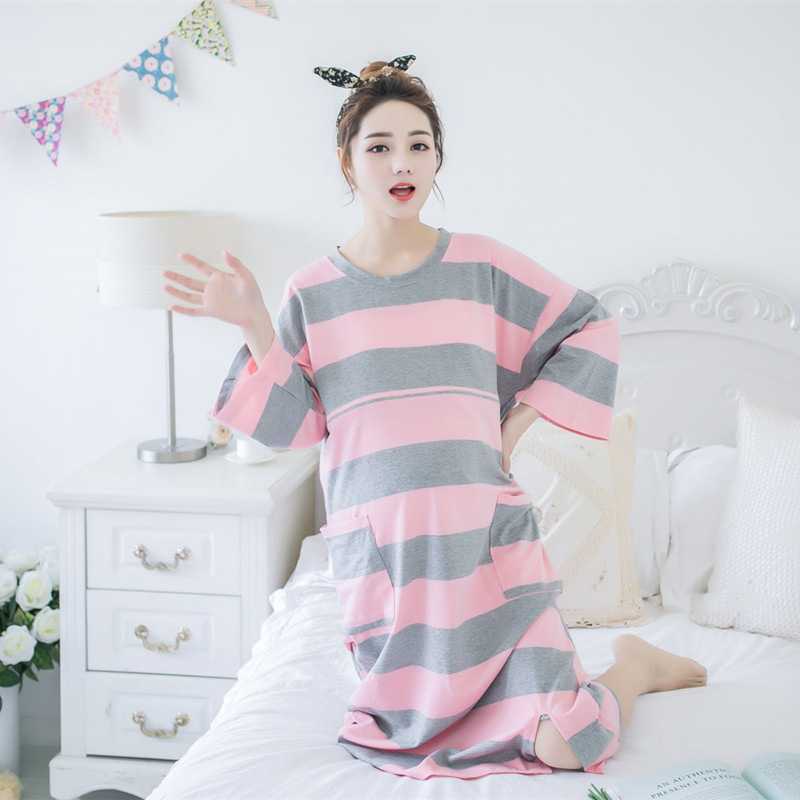 Cho con bú nightdress dài- tay bông sau sinh ăn mang thai giam dây kéo tăng phân bón 200 kg lỏng sọc