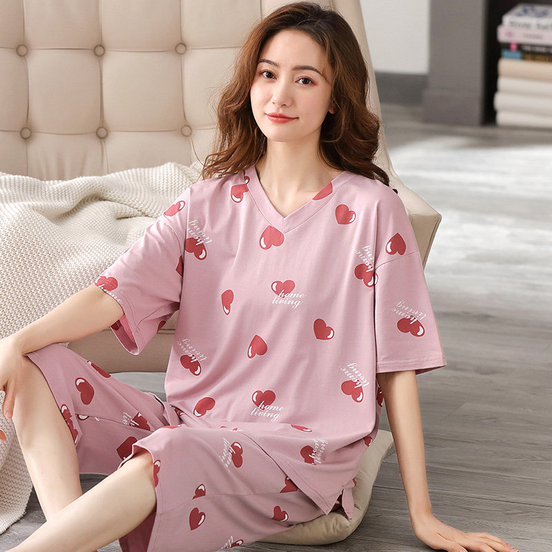 Summer Pyjamas Woman Short Sleeves Seven Pants Modell Cotton Cotton Silk Thin home Home Conserved Plus Mast Size can be worn out of the suit