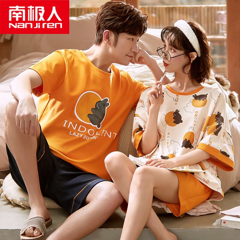 Antarctic pajamas couple summer cotton short-sleeved suit Men's and women's summer plus size home clothes two-piece set