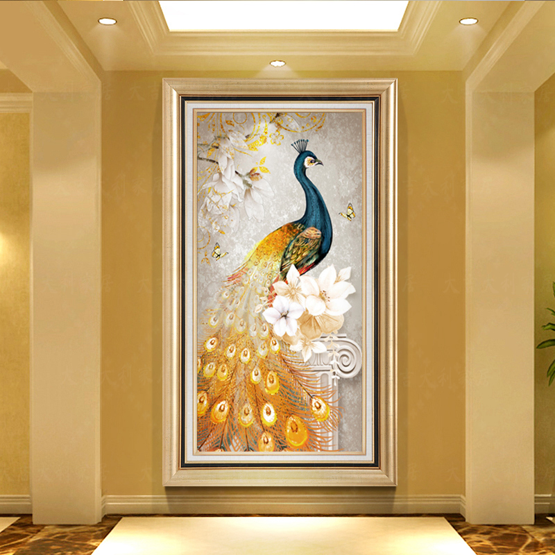 American Xuanguan Decorative Painting Brief Beauty Light Extravagant Dining Room Entrance Into The Family Genguan Sharp Vertical Wall Background Peacock Hanging Painting