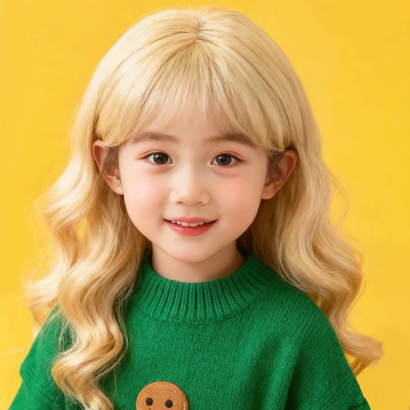 Baby Full Wig for Girls, Light Blonde Long Curly Hair with Air Bangs, Children's Art Photo Performance Photo Props Headgear