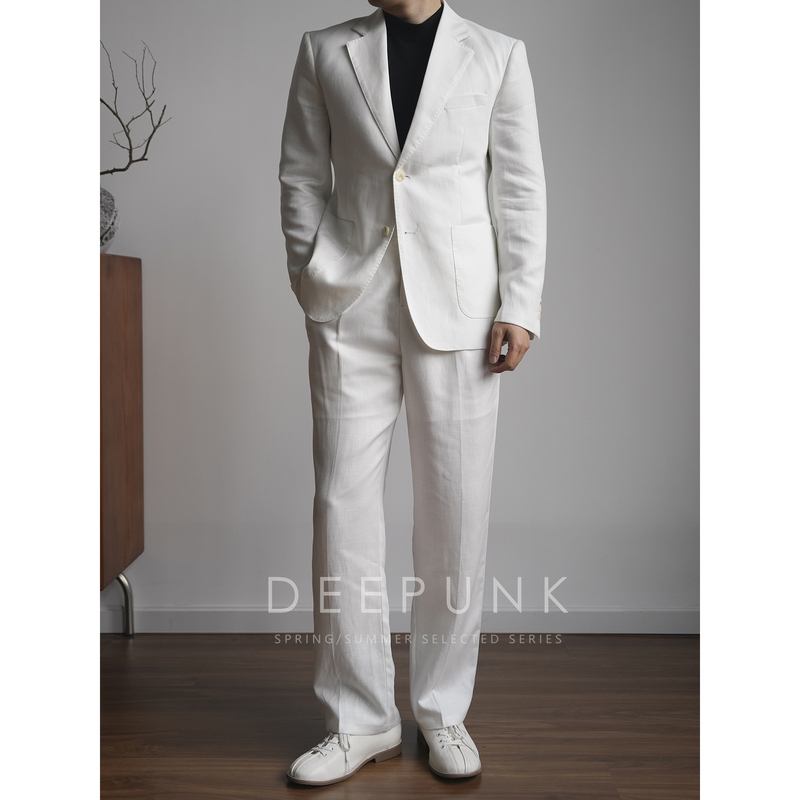 Spring and Summer Old Money Style White Lyocell Tencel Linen Suit for Men, Loose Fit, High-End Minimalist Blazer