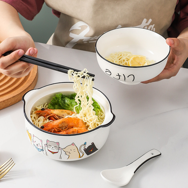 Ceramic instant noodle bowl with lid cartoon student dormitory tableware tableware set single large soup rice bowl microwave oven