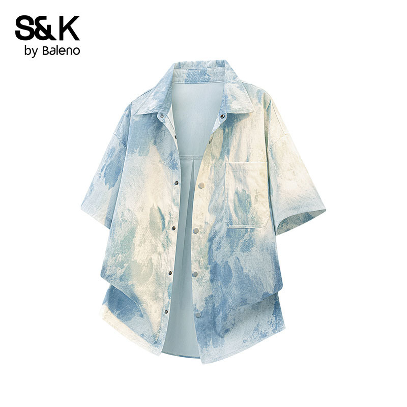 Baleno American-Style Tie-Dye Gradient Short-Sleeved Shirt for Men, Summer Loose, Breathable, Thin and Cool Shirt