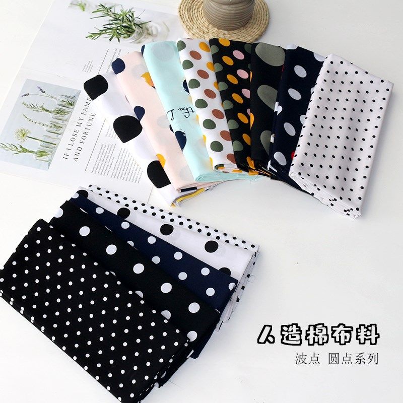 Artificial cotton polka dot fabric big wave dot black background white dot fine dot cotton silk cotton silk handmade diy clothing fabric