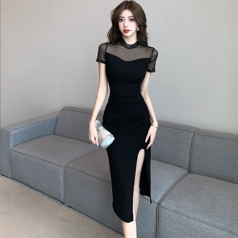Beautiful and Elegant Dress for Women, Mid-Length Slit Little Black Dress, Sexy Mesh Splicing Hip-Hugging Dress, High-End Dress Beautiful and Elegant Dress for Women, Mid-Length Slit Little Black Dress, Sexy Mesh Splicing Hip-Hugging Dress, High-End Dress