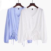 Shang Show Big Code Womens Clothing 2022 Spring Season New Fat MM Loose 100 Hitch Button Decoration V Collar Jersey Blouses
