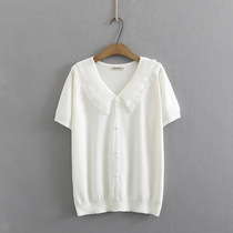 Shangxiu plus size womens clothing 2022 summer lace doll collar short-sleeved ice silk sweater fat MM foreign style pullover T-shirt