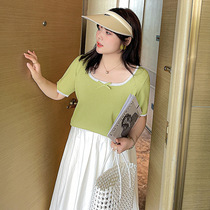 Shangxiu large size womens Korean short sleeve knitwear womens 2021 summer new fat mm loose inner with u collar t-shirt women
