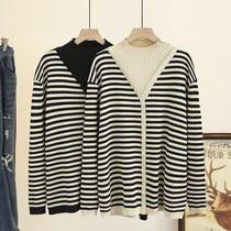 Shangxiu large size womens autumn and winter Korean version 200 catties fat MM casual half-high collar striped fake two-piece knitted sweater tide
