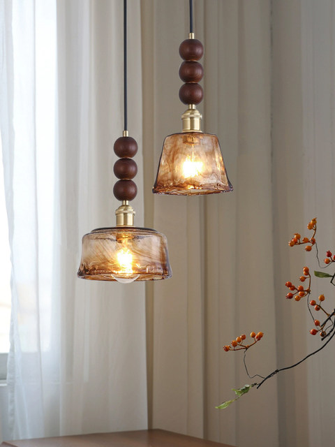 Medieval walnut bedroom bedside small chandelier wabi-sabi aesthetic amber brass glass restaurant bar single head