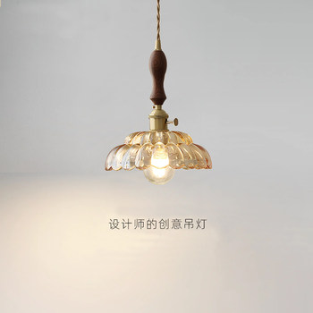 Nordic Retro Floral Glass Lamps, Creative and Unique Dining Room Lights, Bar Counter, Bedside, Guesthouse, Shop Walnut Wood Pendant Lights