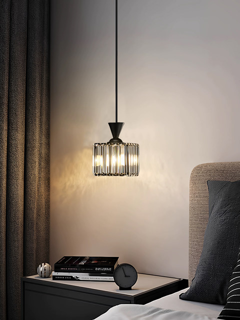 Light luxury style bedroom bedside small chandelier post-modern minimalist bar entrance light room single-head hanging wire crystal lamp