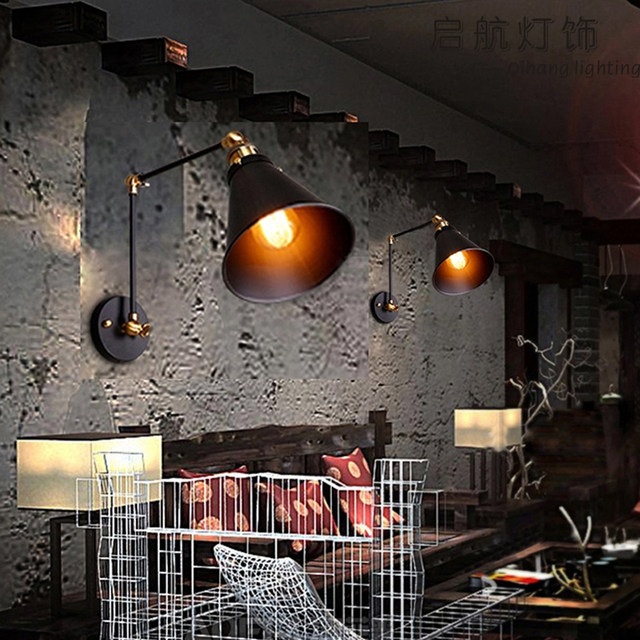 American Country-Style Wall Lamp Loft Retro Double-Section Rod Foldable Wall Lamp Industrial Style Black Umbrella Decorative Mirror Front Light