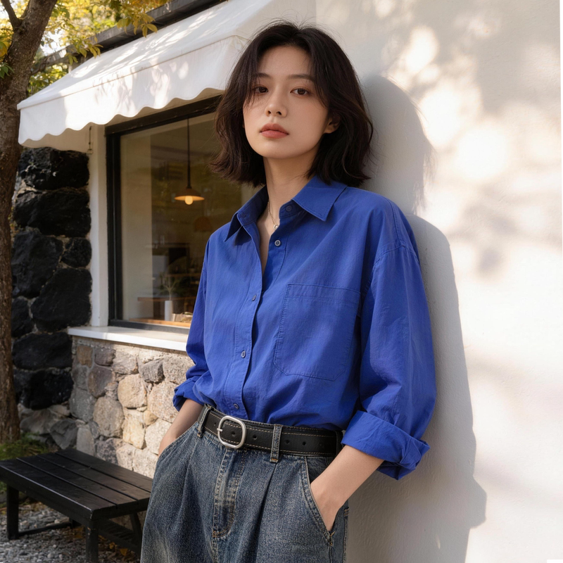 Vintage Pure Cotton Klein Blue Shirt for Women, Autumn Layered Long-Sleeve Top with a Unique Design, Niche Shirt Jacket