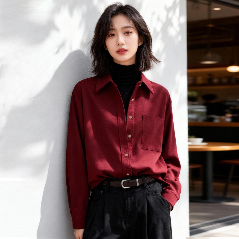Autumn and Winter Burgundy Brushed Shirt for Women, Loose Fit, Commuter Style, Solid Color, Simple, Regular Shoulder Shirt, Layering Inner Top