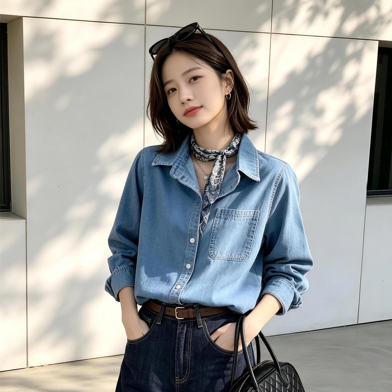 Autumn Light Blue Soft Denim Shirt for Women, Retro Hong Kong Style, Regular Shoulder Design, Stylish Shirt for Commuting, Layered Long-Sleeve Top