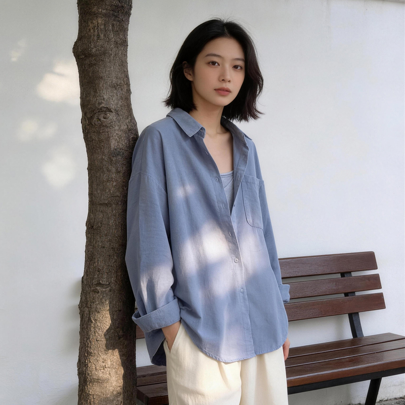 Pure Cotton Haze Blue Long-Sleeved Shirt for Women, Autumn Loose Fit Versatile Commuter High-End Shirt with Unique Design