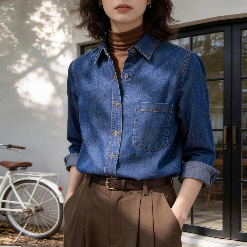 Retro Denim Shirt for Women in Spring and Autum, Lapel Long Sleeves, Loose Work Clothing Style, Dark Blue Layered Shirt, Hong Kong Style Top