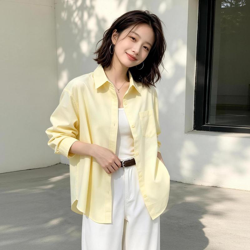 2026 Autumn New Yellow Casual Style Long Sleeve Shirt for Women, Loose Breathable Pure Cotton Turn-Down Collar Outerwear Top