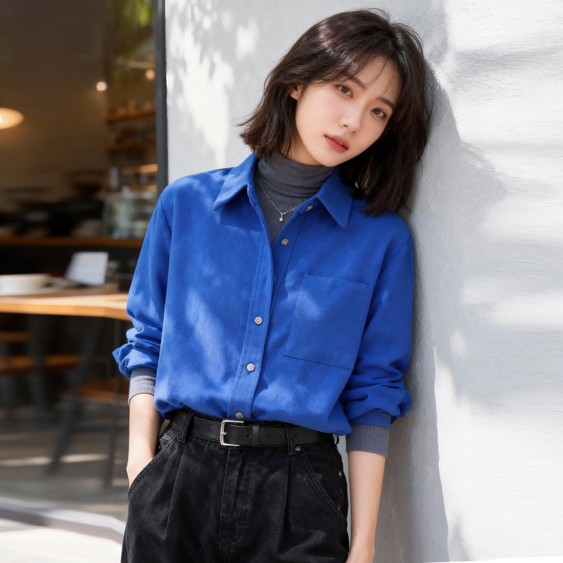 Autumn and Winter High-End Klein Blue Layered Shirt for Women, Brushed Lapel Shirt, French Niche Design Top for Women Autumn and Winter High-End Klein Blue Layered Shirt for Women, Brushed Lapel Shirt, French Niche Design Top for Women