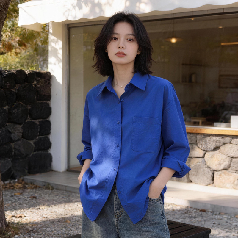 Retro Pure Cotton Klein Blue Shirt for Women, Spring, Summer and Autumn Layered Long-Sleeved Top, Design Niche Shirt Jacket