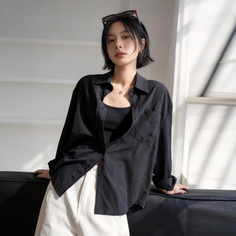 Minimalist Style Black Drapey Sun Protection Shirt for Women, Thin Spring and Summer Ice Silk Long-Sleeved Loose-Fitting Outerwear with a High-End Feel