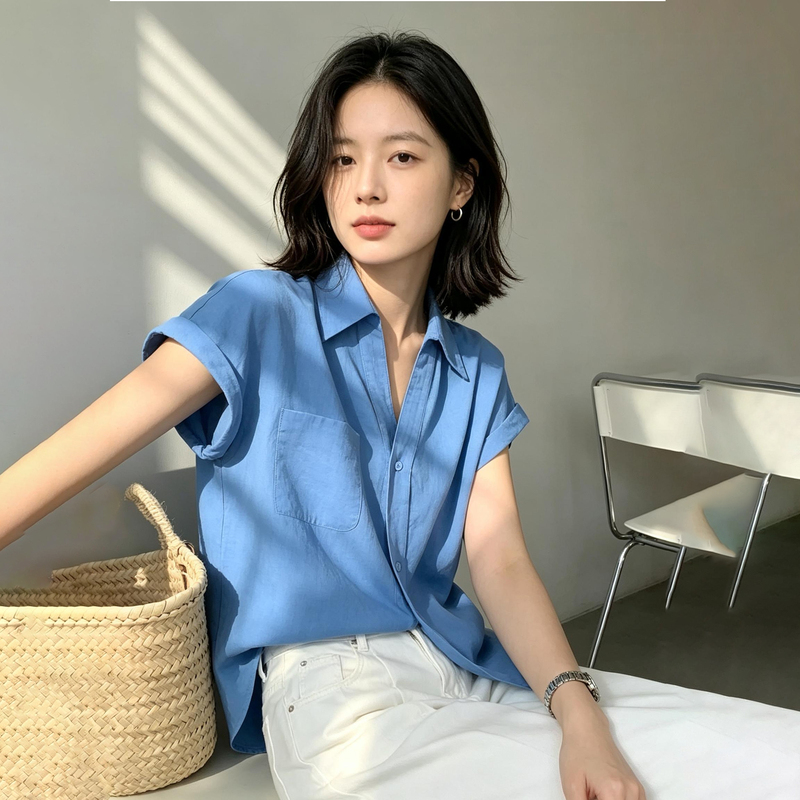 Klein Blue Short-Sleeve V-Neck Shirt for Women, Summer New Design, Niche Loose-Fitting Versatile Top, Trendy Klein Blue Short-Sleeve V-Neck Shirt for Women, Summer New Design, Niche Loose-Fitting Versatile Top, Trendy