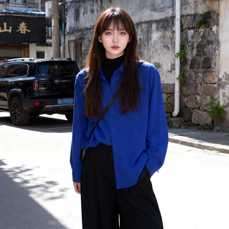 Royal Blue Thickened Brushed Long-Sleeved Shirt for Women with Single Chest Pocket Design, Autumn and Winter 2026, Slightly Loose Fit, Layering Warm Shirt Royal Blue Thickened Brushed Long-Sleeved Shirt for Women with Single Chest Pocket Design, Autumn and Winter 2026, Slightly Loose Fit, Layering Warm Shirt