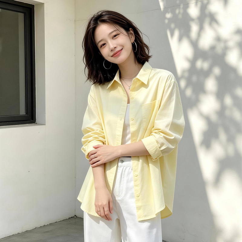 2026 Autumn New Yellow Casual Style Long Sleeve Shirt for Women, Loose Breathable Pure Cotton Turn-Down Collar Outerwear Top