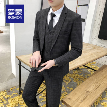 Romon Men's Westclothes suit plaid jacket business professional orthodontics Single suit in spring and autumn