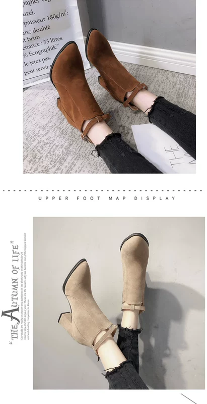 Booties nữ mùa thu đông 2018 mới hoang dã dày dặn với thời trang Martin bốt mũi nhọn cao gót nữ đơn giản sang trọng