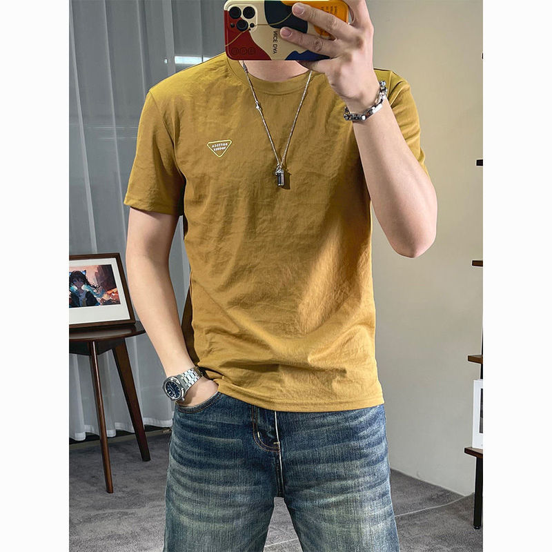 Ice Silk Cotton and Linen Short-Sleeved T-Shirt Men's Accessible Luxury Triangle Logo T-Shirt Youth Round Neck Linen Casual Linen Trendy Top