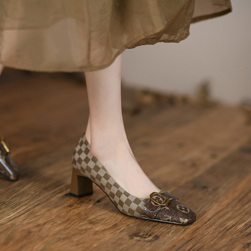 GAIAIER French fashion elegance ~ 2022 New genuine leather small square head coarse heels with women's single shoes women's shoes