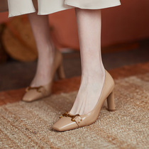 GAIAIER temperament late wind ~ 2022 new fine heel high heel shoe square head woman single shoe retro genuine leather leather shoes