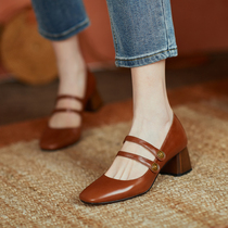 GAIAIER retro fragrant wind ~ 2022 new high-end genuine leather square head Mary Jane shoes woman coarse heels girl