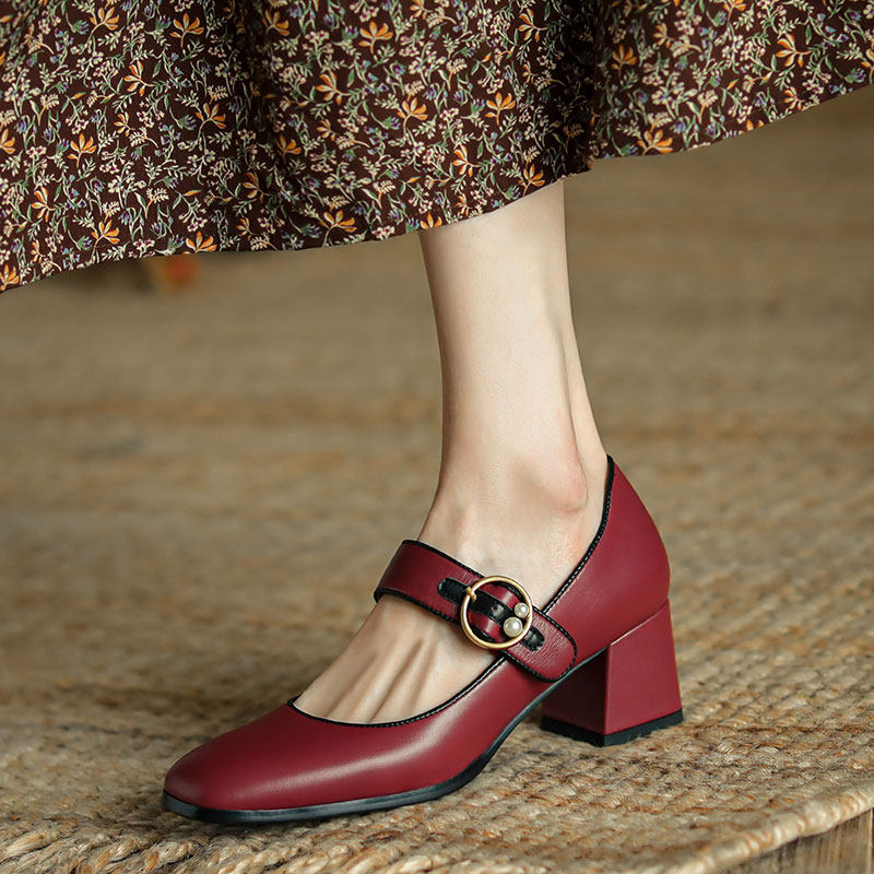 GAIAIER retro-word cingulum Mary Jane shoes ~ 2021 new temperament genuine leather wine red single shoes women's shoes