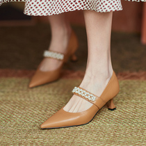 GAIAIER method type of button ~ 2022 new genuine leather high heel pointed shallow oral woman single shoe thin heel heel shoe