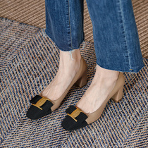 GAIAIER Retro butterfly knot buckle ~ Cow Leather Genuine Leather Temperament Single Shoe Square Head Coarse Heel High Heel Shoe Single Insole