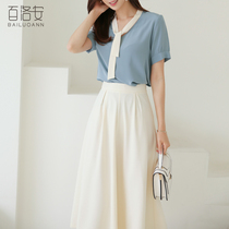 Bailuoan short-sleeved shirt womens summer clothes New Product temperament simple Joker shirt thin foreign-style ribbon top shirt