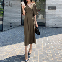 Bai Luoan lace split one-piece dress womens summer New temperament V-collar show high and thin knee long skirt